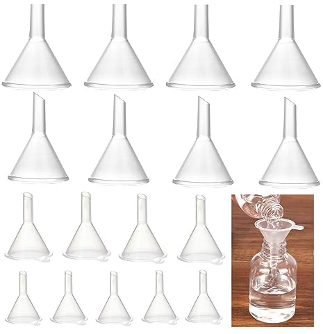 CAASFOOY Mini entonnoirs transparents, 40 petits entonnoirs en plastique transparent, Mini entonnoir de voyage en plastique pour verser les petits parfums échantillons, émulsion, épices, 4 tailles