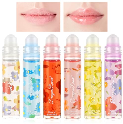 AOOWU Glitzer-Lipgloss Aufrollen, Farblos Roll on Lip Glow Oil Durchsichtig, 6 Stäbchen Moisturizing Lippenöl, Lip Gloss für Langanhaltend Glossy Pflegende Lippen (Blumen)