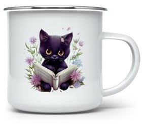 MAXIKIWI - Taza esmaltada duradera para café o té para uso en interiores y exteriores - Kawai Black Cat - 350ml