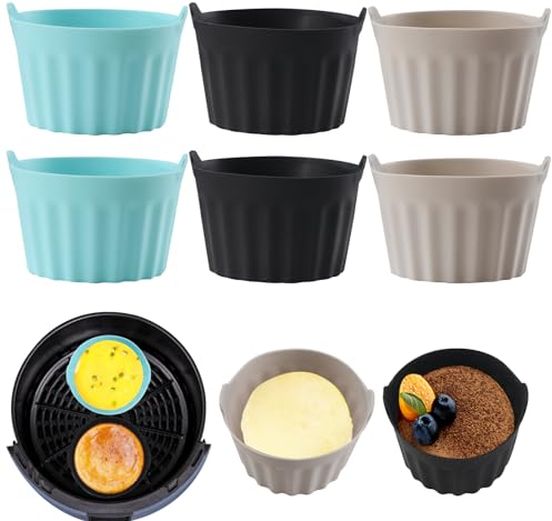 Baketron 6PCS Moule Silicone Air Fryer,Plat Pour Friteuse Sans Huile,Mafin Coupe Moule,Moule Pour Gâteau Au Four,Moule à Tarte Aux Oeufs,Air friteuse Accessoires, Silicone Bakeware,Noir + gris + bleu
