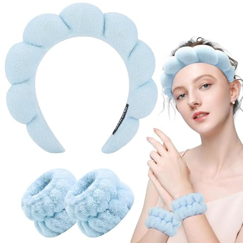 Spa Stirnband Damen Make Up Haarband Abschmink Haarband Schwamm Stirnband Skincare Headband Skincare mit Handgelenk Waschband für Spa Abschminken Gesicht Waschen Duschen Sport Hautpflege (Blau)