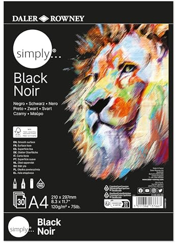 Daler-Rowney Simply, schwarzes Papier, glatte Oberfläche, 120 g/m², Block einseitig geleimt, A4 21 x 29,7 cm, 30 Blatt