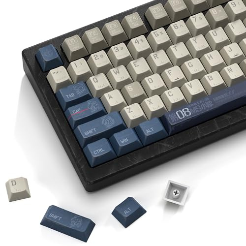 Retro Gundam PBT keycaps,Beige/Blue Keycaps 60% 65% 100%,Dye Sublimation Costom Key caps,Japanese Anime,Cherry Profile Keyboard Key caps for TKL US Layout Mechanical Keyboard