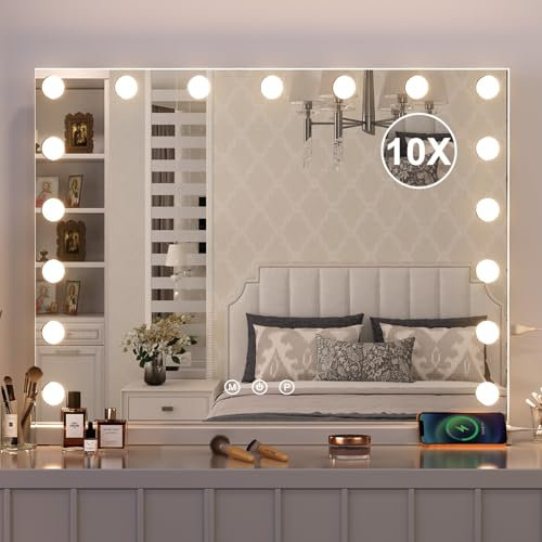Dradaomull Schminkspiegel mit Beleuchtung, Hollywood Spiegel mit 17 Lampen, 3 Lichtfarben, Kosmetikspiegel mit USB und 10x-Lupe, Wandspiegel, Tischspiegel für Make up Spiegel (60x52.5cm)