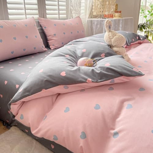 Freyamy Bettwäsche 220x240cm 3teilig Rosa Grau Herz Mädchen Bettwaren-Sets Romantisch Liebe Wendebettwäsche 100% Microfaser Liebesmotiv Bettbezug mit Reißverschluss und 2 Kissenbezug 80x80cm