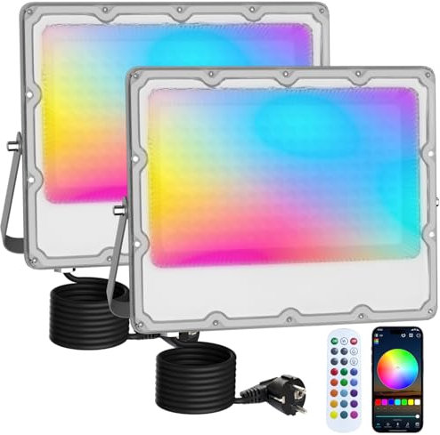 MEEKBOS 2 Stück RGB Strahler Outdoor 150W,LED Strahler Bunt Mit Bluetooth APP Und 2.4G Fernbedienung,IP66 Wasserdicht Farbwechsel Dimmbar Fluter für Halloween,Weihnachten,Party