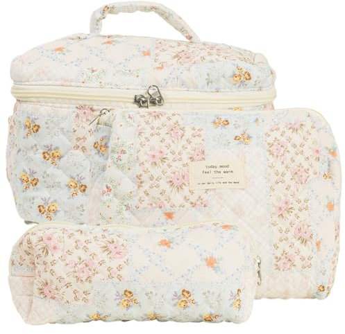 Starnearby Lot de 3 Trousse de Toilette Matelassée en Coton Doux, Trousse de Maquillage Fleurie, Pochette de Rangement Maquillage, Trousse de Beauté Femme, Trousse Cosmétique Voyage