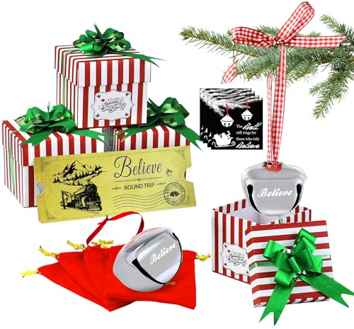 Polar Express Dekorationen Geschenk-Box, Weihnachtsglocke, Ornamente, Schlittenglocke mit personalisiertem Zugticket und roter Tasche, 4 Stück