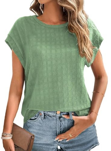 Cuptacc Tshirt Damen Sommer Top Flowy Kurze Ärmel Plaid Oberteile Lang Blouse Elegant Grün, XL 46-48