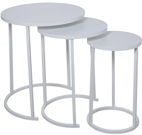 SET 3 MESAS AUX. MADERA PATASMETAL BLANCO, MADERA BLANCA_°48X58+°38X52,5+°28X48CM