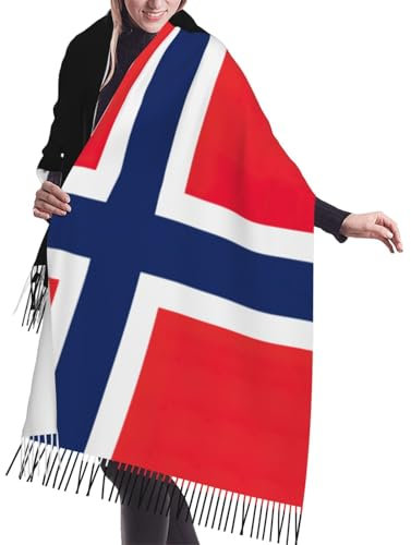 Schal mit norwegischer Flagge, Quaste, 195,6 x 68,6 cm, warmer Schal, Damen-Accessoire für Herbst und Winter, Schwarz, Einheitsgröße