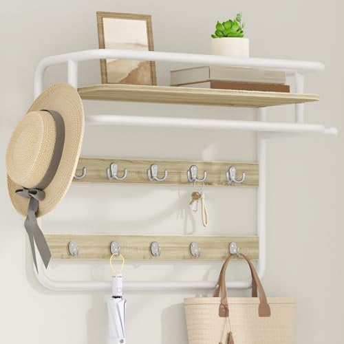 Hzuaneri Wandgarderobe, mit Ablage, Wandregal mit 10 abnehmbaren Haken, 2 seitliche Befestigungshaken, 1 Stangen, 30 x 65 x 55 cm, für Flur, Schlafzimmer, Wohnzimmer, Eichefarben-Weiß LCR60116W