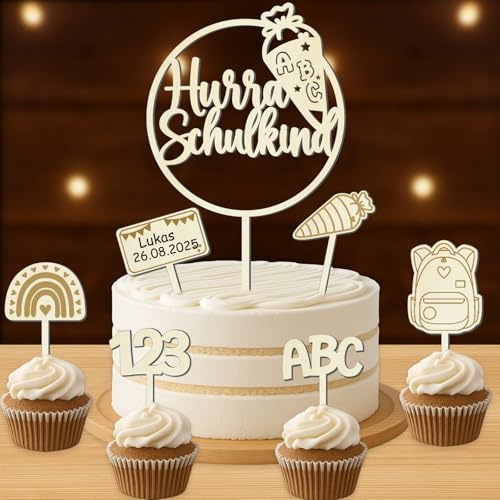 Kuchendeko Schulanfang aus Holz, 7 STK Hurra Schulkind Tortendeko Einschulung, Cake Topper Einschulung Schuleinführung Party Deko für Mädchen Jungen