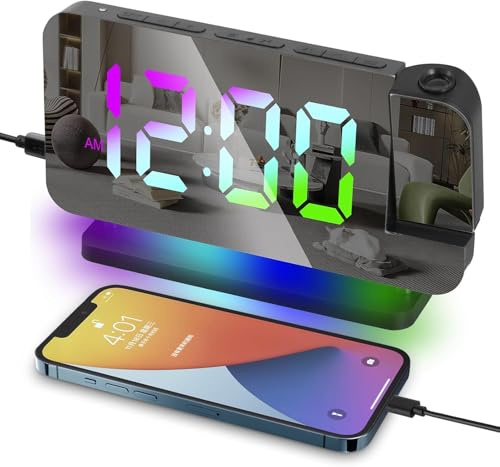 Focenat Projektionswecker, Digitaler Wecker mit 180° Drehbarem Projektor, RGB Nachtlicht, USB C Ladeanschluss, Dimmbar, Schlummerfunktion, LED Digitale Spiegeluhren, Wecker für Schlafzimmer