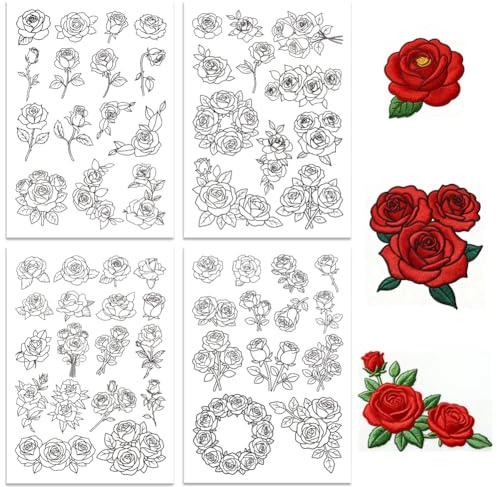 ORIGACH 4 Blatt Rosenmotiven Stickvorlagen Wasserlöslich | Selbstklebend Wasserlöslich Stickvlies, Wasserlöslicher Stabilisator für Handstickerei, DIY Projekte, Stichübungen