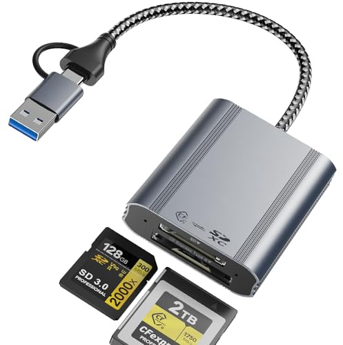 2 in 1 CFexpress Typ B und SD Kartenleser 10Gbit/s,USB-C+A auf CFB 1250MB/s | USB 3.2 Gen 2 Card Reader 2TB, Speicherkartenleser für 8K Video RAW Fotos, Laptop/PC, Windows, MacOS, Linux, Android Systemen