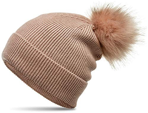 Caspar MU212 Gefütterte Damen Strick Long Beanie Mütze mit Kunstfell Bommel, Farbe:Nude, Größe:Einheitsgröße