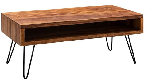 Wohnling Couchtisch 100x50x40 cm Sheesham Massivholz Metall Rechteckig | Wohnzimmertisch groß, Kaffeetisch massiv mit Maserung, handgefertigtes Unikat, Sofatisch für Wohnzimmer