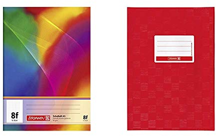 Brunnen 104590802 Schulheft A5 (16 Blatt, 5 x 7 mm rautiert, mit Rand) & 104052424 Hefthülle/Heftumschlag (A4, Folie, mit Namensschild) rot