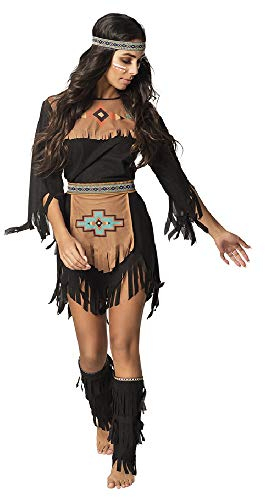 She-Wolf Indianerin Damen Kostüm Schwarz Kleid Gürtel Stulpen Haarband Squaw Western Wilder Westen, Größe:40/42