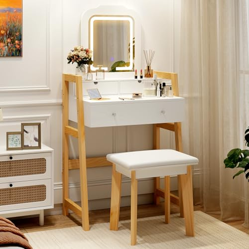 COSTWAY Set di Tavolo da Toeletta, Tavolo da Trucco con Sgabello e Specchio Regolabile in Altezza, 3 Cassetti, Bianco Moderno Minimalista