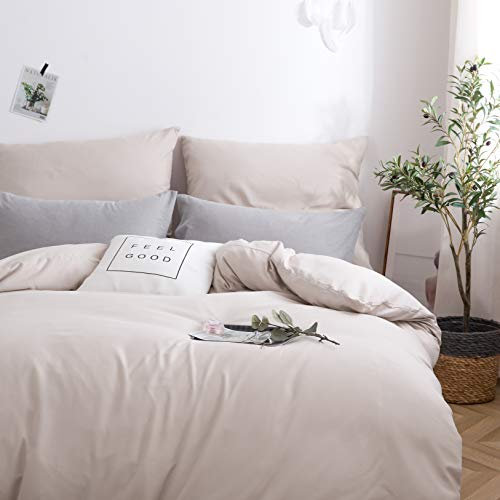 MOHAP Housse de Couette 200x200cm+2 Taies d'oreillers 65x65cm Beige Parure de Lit Adulte 2 Personnes 100 Fils/cm² en Microfibre avec Fermeture Éclair