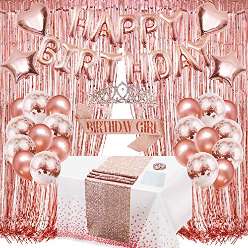 ZERODECO Décoration d'anniversaire or rose - Guirlande de chemin de table à paillettes - Nappe blanche - Tiare pailletée - Rideau cœur étoilé - Ballon - Confettis - Décoration pour fille