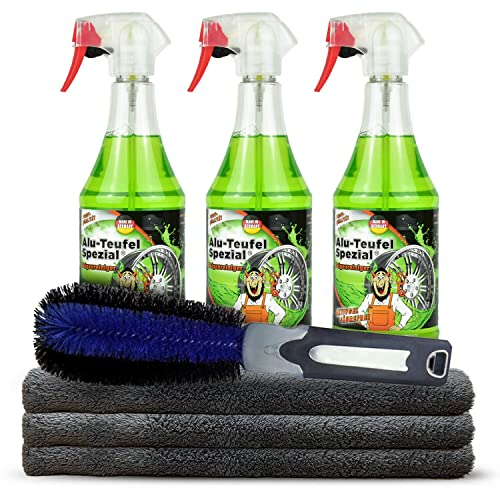 Felgenreinigungs Set: TUGA ALU-Teufel (3x1L) Felgen Reiniger für alle Stahl & Alufelgen + ChemicalWorkz Premium Mikrofasertuch 500GSM + MaxShine Felgenbürste | 7-teiliges Autopflege Sparset