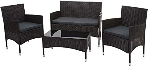 Mendler Poly-Rattan Garnitur HWC-F55, Balkon-/Garten-/Lounge-Set Sofa Sitzgruppe - braun, Kissen dunkelgrau