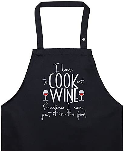 Kochschürze für Damen mit lustigem Spruch gestickt: I LOVE TO COOK WITH WINE Schürze verstellbar mit Tasche Grillschürze Frauen Latzschürze bestickt - Geburtstags-Geschenk Weinliebhaber