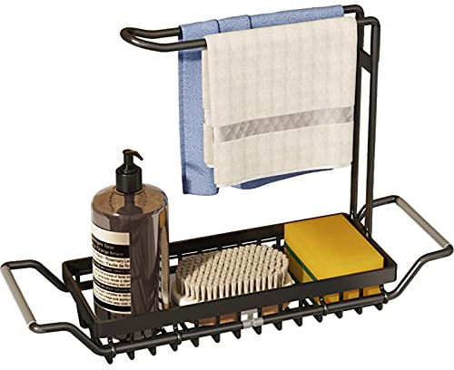 TZAMLI Edelstahl Spülbecken Organizer mit Lappenhalter, Teleskop Schwammhalter Schmal Spülbeckenregal Caddy Ordnungshelfer für die Küche Spüle Waschbecken (Schwarz-Schwarz, S)