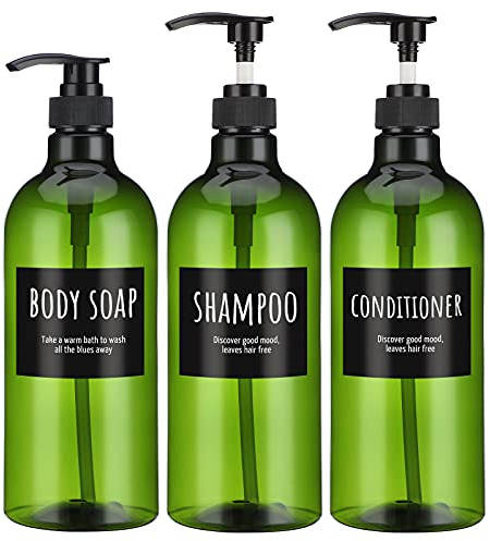 Segbeauty 33.8oz Leere Flaschen Mit Dusche, 3pcs 1000ml Pumpflaschen für Shampoo und Spülung, Flüssigseifenspender für Körperseife Conditioner, Grüner Plastikpressespender