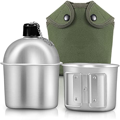 Militär Canteen Kochgeschirr Set beinhaltet 1 QT Militär Armee Aluminium Legierung Kantine 0,5 QT Multifunktionale Wasserflasche mit Griff Becher Grün Canvas Cover Tasche für Outdoor Camping Wandern