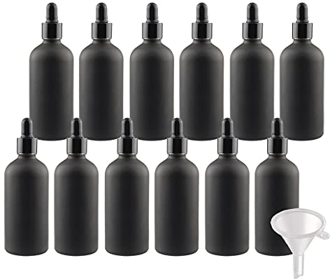 BasicPacking 24 Stück 100ml Matt Schwarzglas Pipettenflasche, Leere Kleine Glasflasche mit Schwarz Pipette, Glaspipette Tropfflasche für ätherische Öle Aromatherapie + 2x Trichter