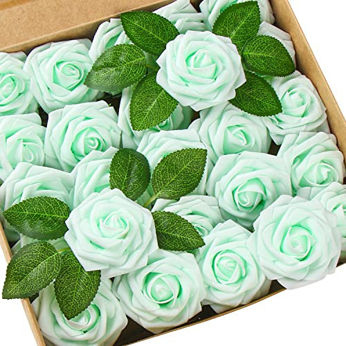 DERAYEE 25 PCS Artificial Roses, Foam Roses Flowers DIY Flower for Wedding Bridal Bouquets Home Party Garden Decorations (Pale Green)