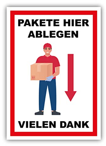 tradercat Pakete Hier Ablegen Schild Aufkleber aus Vinyl Schilder Paket ablegen Sticker mit UV-Schutz Hinweisschilder Packages Warnzeichen (AUFKLEBER | 30 x 21 cm)