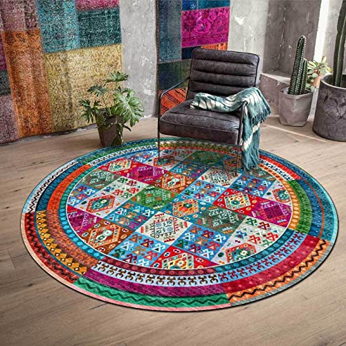 makeups1 Outdoor Rund Teppich Modern Orient Print Terrassen Teppich, Buntes geometrisches Gitterspleißen, ø 160 cm