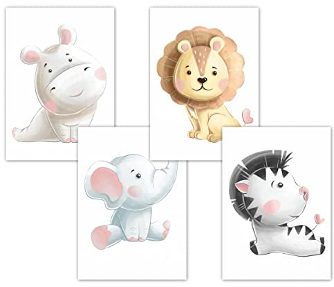 PICTALOO Bilder Kinderzimmer süße Babytiere, Deko Löwe Zebra Nilpferd Elefant, Wandbilder Babyzimmer, Poster für Mädchen und Jungen, Tierbilder Set, DIN A4 ohne Bilderrahmen, Kinderbilder Dekoration