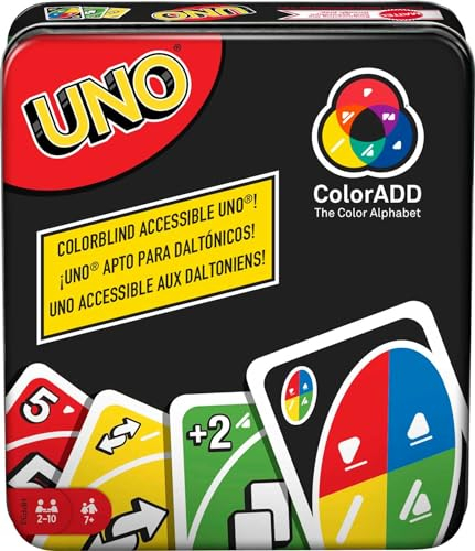 Mattel Games UNO ColorADD Card Game for Colorblind and Visually Impaired Players, Travel Game in Storage Box for 2-10 Players