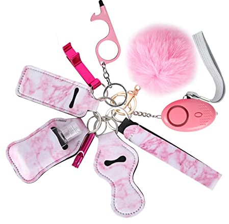 Safe Keychain Set for Girls with Personal Safety Alarm, Hand Sanitizer Holder, Whistle and Pom