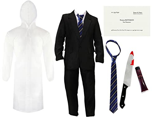 Patrick Bateman Kostüm für Erwachsene – Schwarzer Anzug, transparenter Regenmantel, Krawatte, Kunstmesser, Visitenkarte und Kunstblut – Herren Psycho American TV Film Charakter Halloween Verkleidung Kostüm