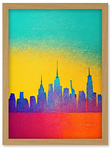 Wee Blue Coo Bright Colourful Abstract New York Skyline Cityscape Yellow Blue Coral Turquoise Artwork Framed Wall Art Print A4