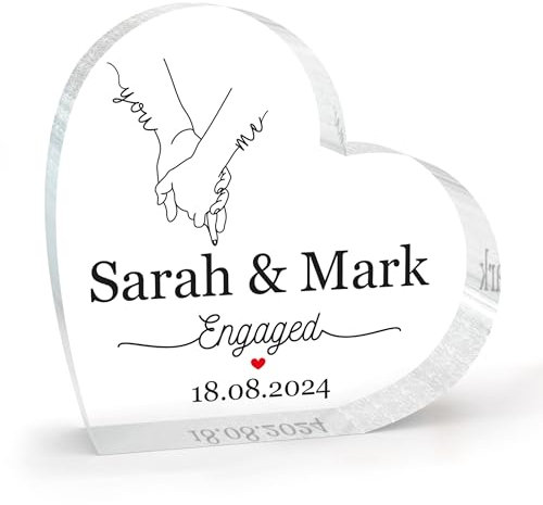 Engagement Gift For Couples Friends Her Him, Personalised Gift For Engaged Couple, Engagement Date, Acrylic Clear Block Keepsake With Grey Bag