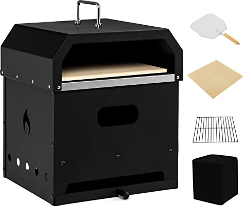 GYMAX Four à pizza 4-en-1 Extérieur, Four à Pizza Portable à 2 Couches et Fosse à Feu avec Pierre à Pizza, Pelle à Pizza, Couverture Imperméable, Machine à Pizza Polyvalente au Bois