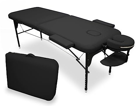 WELLCORE Klappliege aus Aluminium, 185 x 65 cm, Kunstleder, höhenverstellbar, Gelenkkopf, Gesichtsloch, Seitenarme, Schwarz, Transportrucksack, bis 225 kg