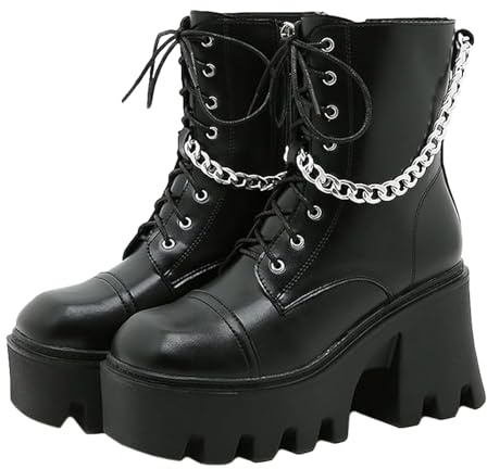 Ulalaza Dark Bat Wing Ankle Boots for Women Wedge Chunky with Sassy Platform Boot Round Toe Lace up Side Zipper High Heel Women Boot Stretch Fabric Soft Skin-Friendly and fit Around The Ankle