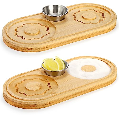 Tebery Juego de 2 bordes de sal y azúcar Margarita de bambú para vasos anchos de hasta 6 pulgadas, accesorios de cóctel con recipiente de especias de acero inoxidable para condimentos de especias y