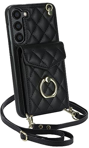 QLTYPRI Handyhülle für Samsung Galaxy S23 Hülle mit Band, Mikrofaser Leder Handykette Case mit Kartenfach Ringständer RFID Schutzhülle Lederhülle Tasche Etui für Samsung Galaxy S23 - Schwarz