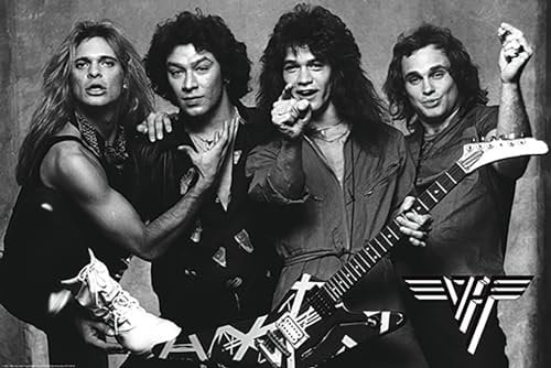 BUY ART FOR LESS Offiziell lizenziertes Van Halen Schwarz-Weiß-Vollband-Kunstposter, 61 x 91 cm, dekorativer Druck, Posterpapier, fertig zum Einrahmen