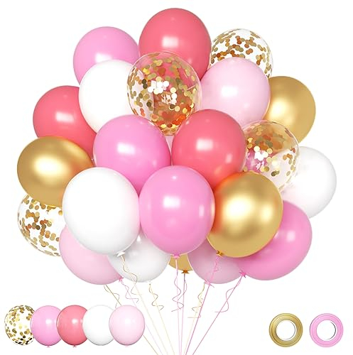 Rosa Luftballons Rosa Weiß Gold Konfetti Luftballons Hochzeit Set 50 Stück 30cm Helium Ballons mit 2 Rollen Rosa Gold Band als Baby Shower Geburtstag Jubiläum Party Dekoration Graduierung